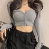 Spring  Women Knitted Cardigan  Low-Cut V-Neck Long-Sleeved Short Thread T-Shirt Navel Bottoming Shirt Tight Top
