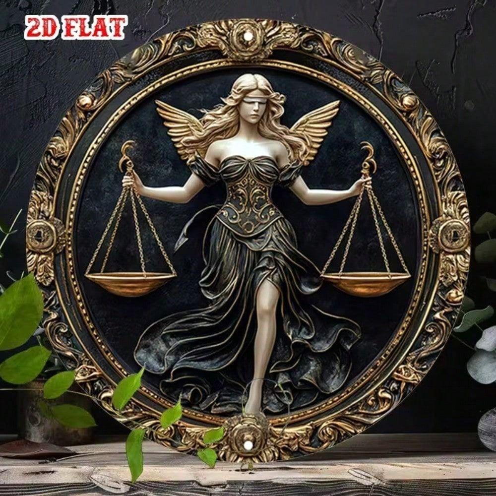 Metal Poster Lady Justice Golden Scales Wall Art Office Decor 20x20 Cm