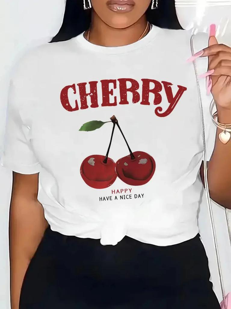 Cherry Print Womens Tshirt Women Loose Comfortable Tee Red Cherries Graphic Daily Streetwear Fashion Soft Top T Shirt