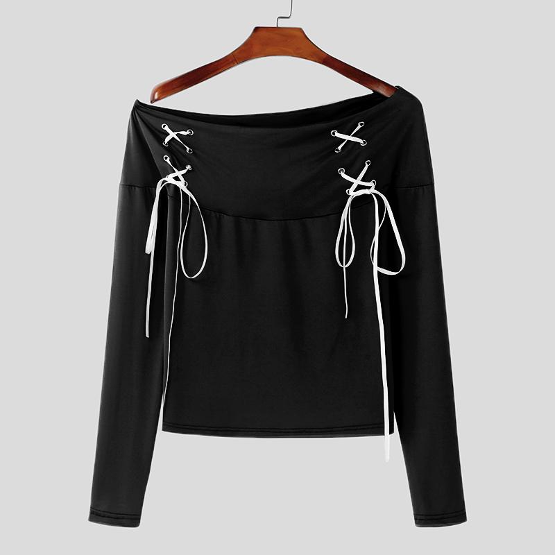 

INCERUN Мужские облегающие топы с открытыми плечами и шнуровкой, с длинным рукавом XL чёрный