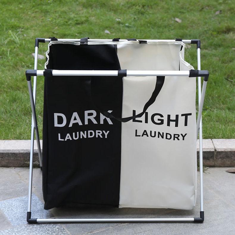 Foldable Aluminum Frame Double Compartment Laundry Basket with Handles 