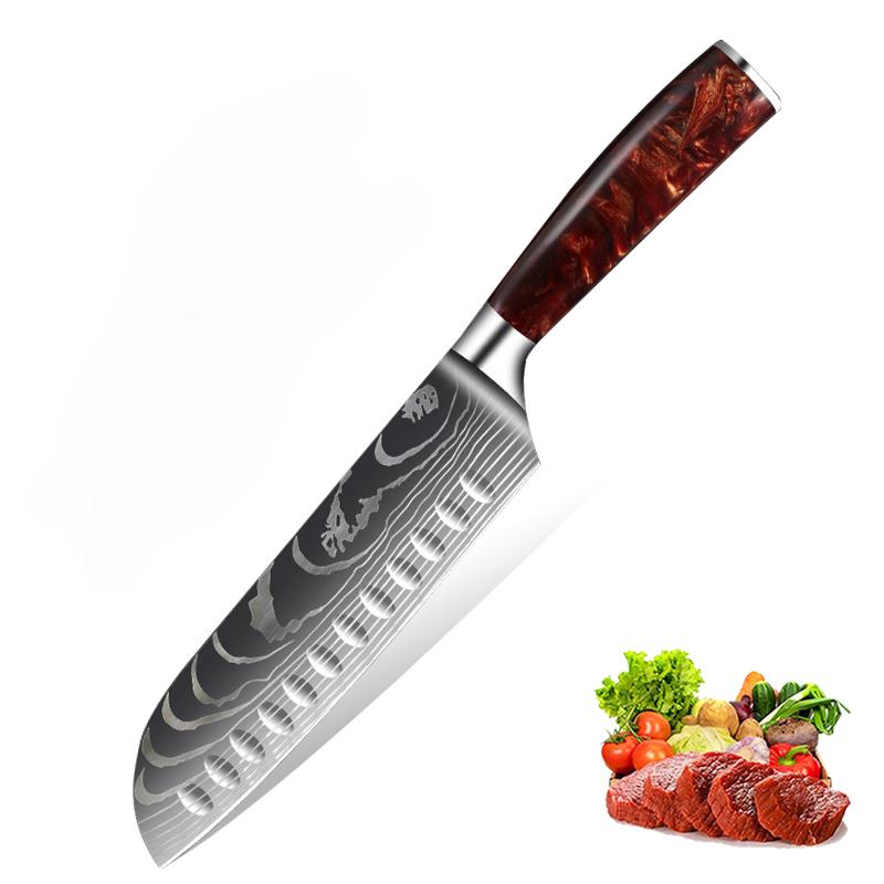 7inch Damascus Pattern Kitchen Knives Japanese Santoku Knife Meat Cleaver Fruit Slicing Knife Utility Knives Red Resin Handle