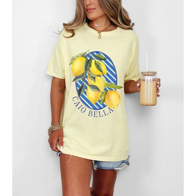 

American vintage Vintage Lemon Sea Salt Wear Lemon Fruit Print European and American Gyaru Yellow Short sleeve T-shirt Women Yellow S