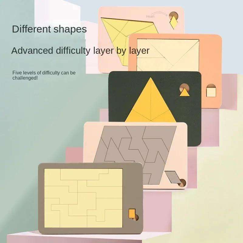 Joc Puzzle Tangram din Lemn Joc Puzzle cu Forme Montessori Jocuri de Sortare Jucărie Tangram Colorat Jucărie Educațională cu Modele Pentru Copii