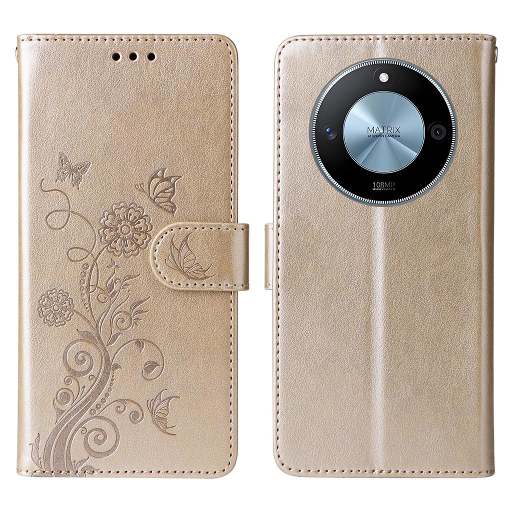 For Honor X60 5G Leather Case Butterfly Floral Imprint Wallet Stand Cover
