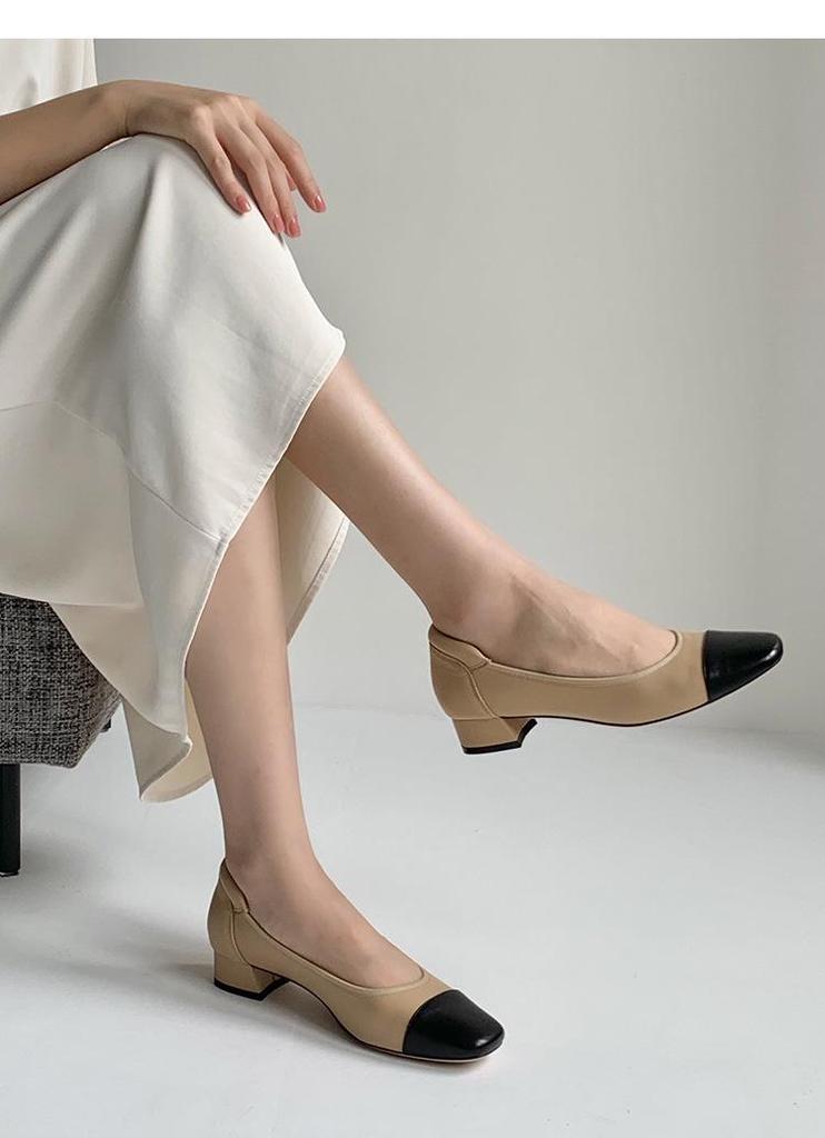Luxuriöse Handgefertigte Damen-Flats aus Echtem Lammleder - Farbblock-Design mit Quadratischer Spitze und Mittlerem Klobigen Absatz