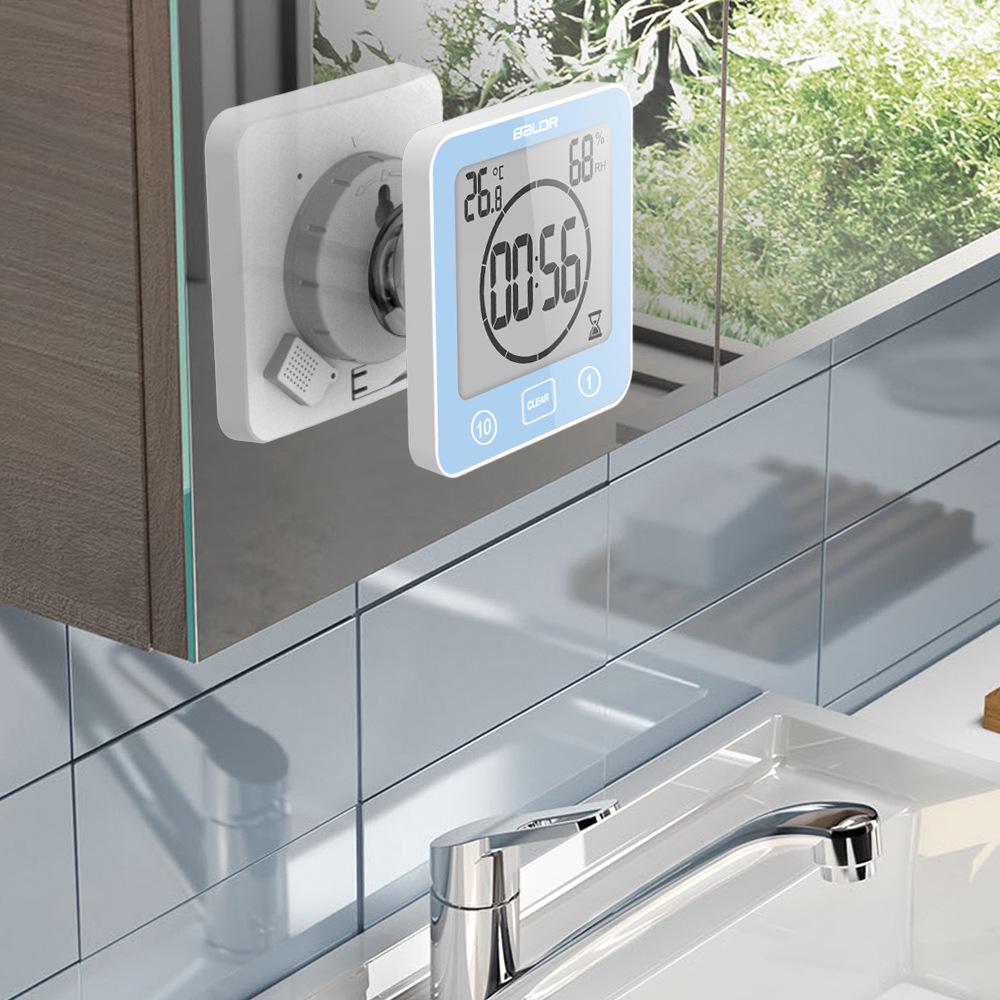 BALDR Waterproof Bathroom Wall Clock with Thermometer, Hygrometer, Suction Cup, and 1/10-Minute Countdown Timer