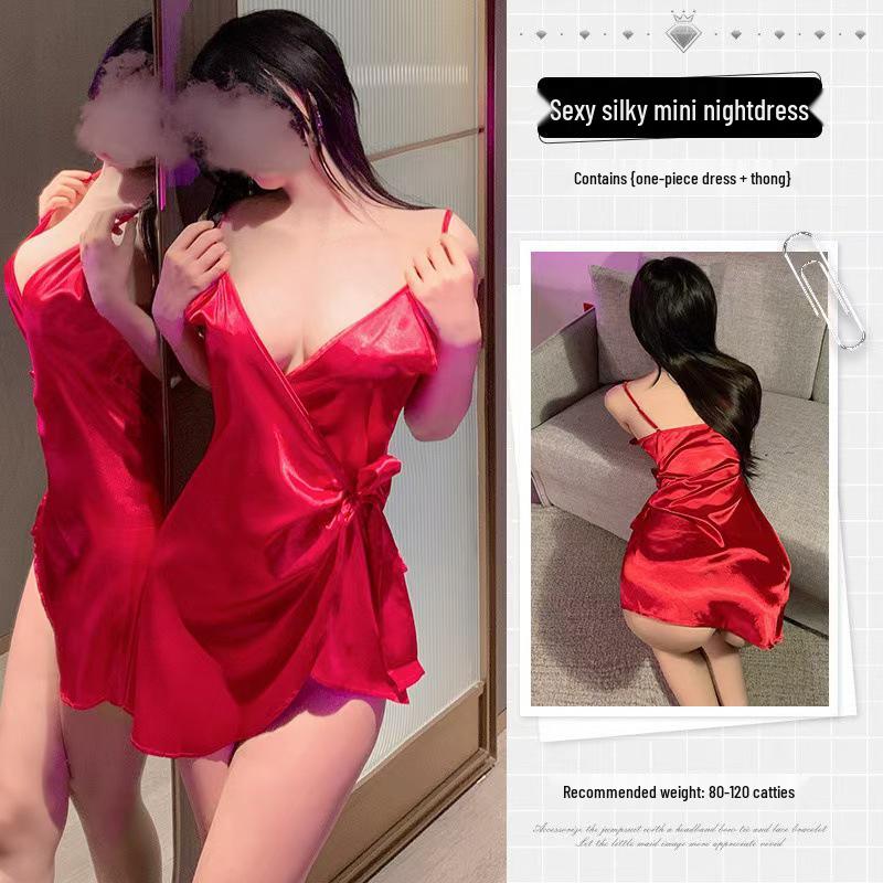 Satin Lace-Up V-Neck Nightdress with Summer Ice Silk - Temptingly Hot and Purely Desirable Sleepwear