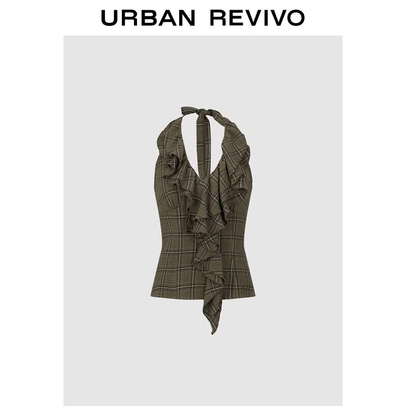 UR Women s Plaid Ruffle V-Neck Tie-Strap Camisole Top M