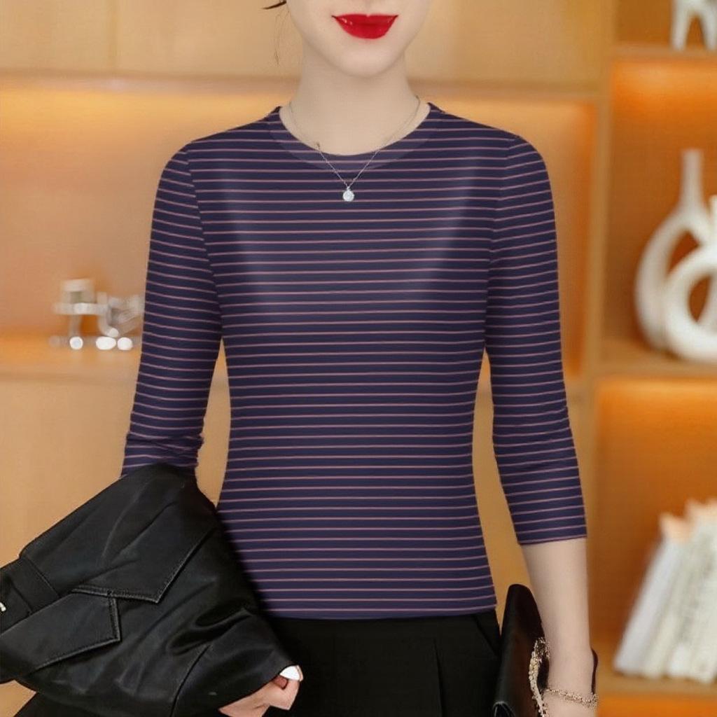 

Women s Striped Long Sleeve Round Neck Slimming Base Layer Top for Middle-Aged and Elderly Mothers M