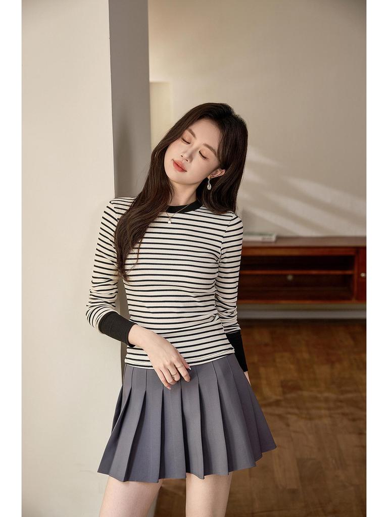 Premium Color Block Gestreiftes T-Shirt: Damen Langarm Oberteil aus reiner Baumwolle für die Herbst-/Wintermode 2025