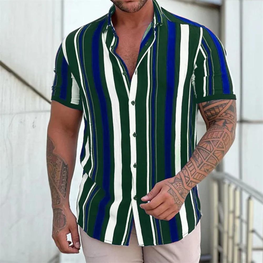 New Summer Men Clothes Short Sleeve Stripe Shirt Tops Men Casual Beach Shirt Tops