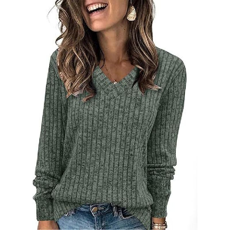 2026 wish women's long-sleeve V-neck ribbed brushed knit top T-shirt
