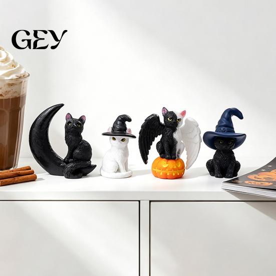 Durable Resin Cat Statue Halloween Figurine, Witch Hat/Moon/Pumpkin/Skull Black And White Ornament for Tabletop, Mantel, Shelf, Desk Decor Moon Skull