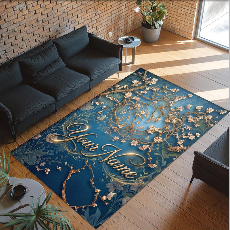 Floral Theme Crystal Velvet Rug Personalized Custom Name Text Soft Floor Mat Home Decor
