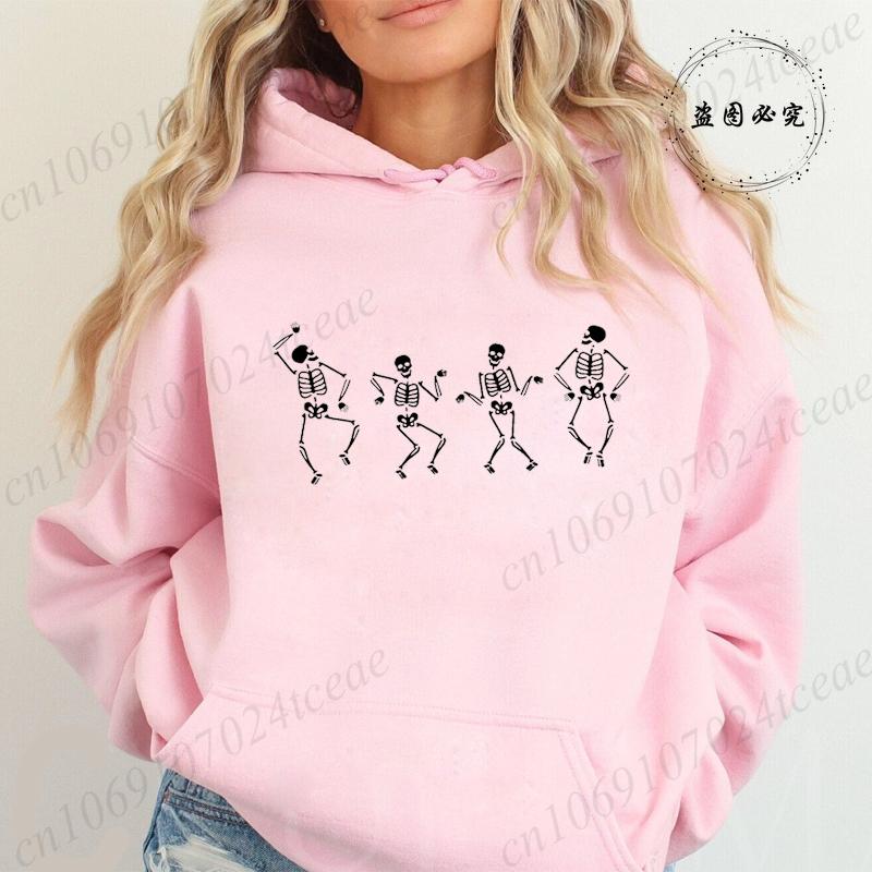 Women's Casual Hoodie Sweatshirt Aesthetic Dancing Skeleton Print Sportwear Skeleton Halloween Hoodie Long Sleeve Hoody Shirts