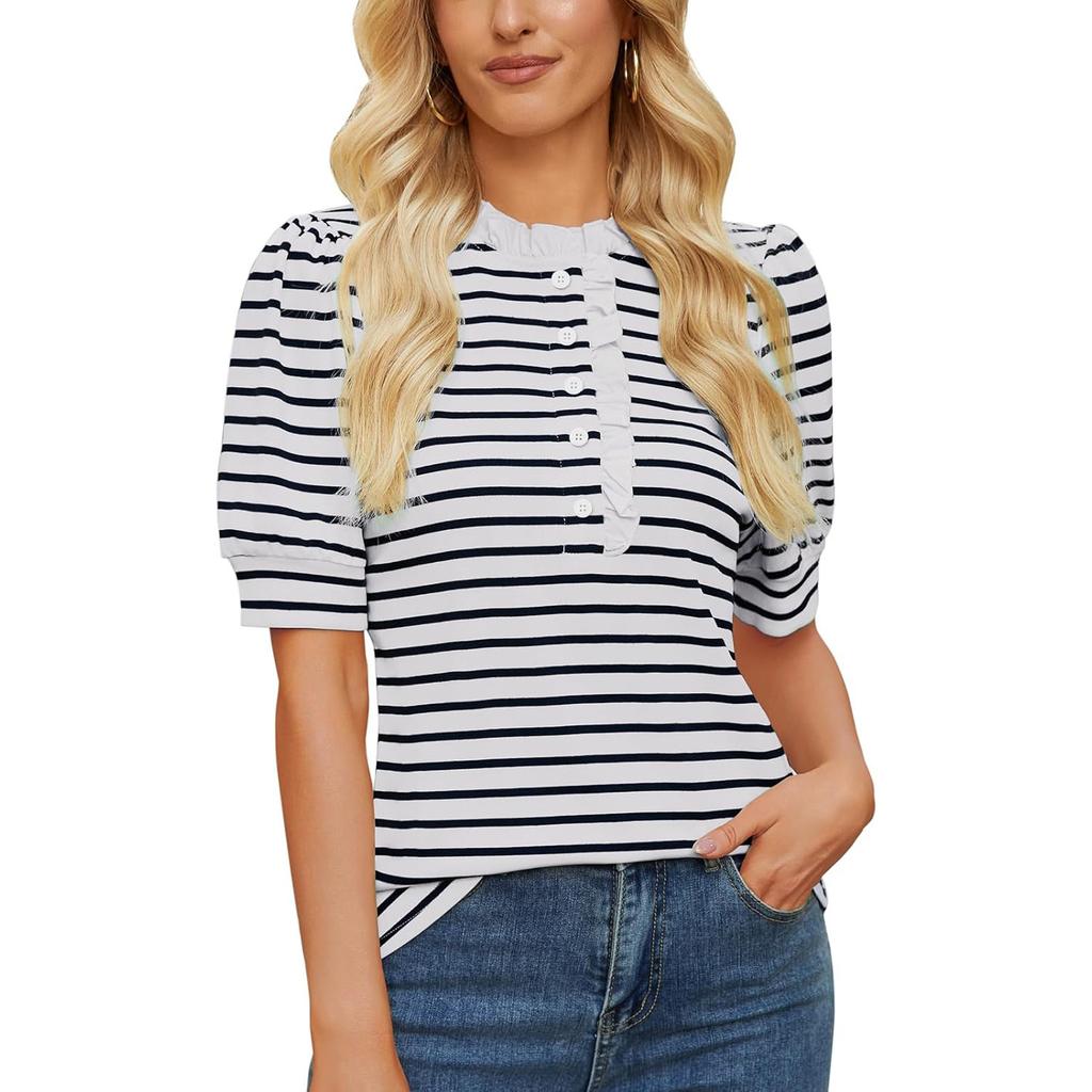 Women Casual Loose Striped Ruffled Collar Short Sleeve T Shirt Top