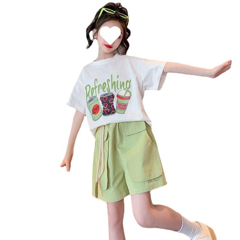 Children' Set Girls Summer Shorts Sports Suit New Sty Teteenager Girls Cartoon T-shirt Shorts Two-piece Suit Trendy