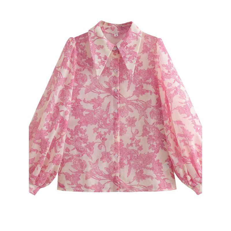 Kaslead Print Fashion Polo Collar Puff Sleeve Shirt