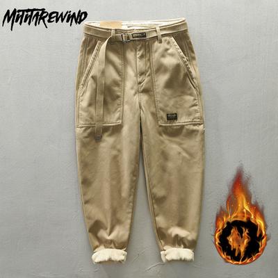 Outdoor Heren Winterbroek Houd Warm Japanse Stijl Cargo Broek Katoen Effen Kleur Fleece Baggy Broek met Riem Casual Dikke Herenbroeken