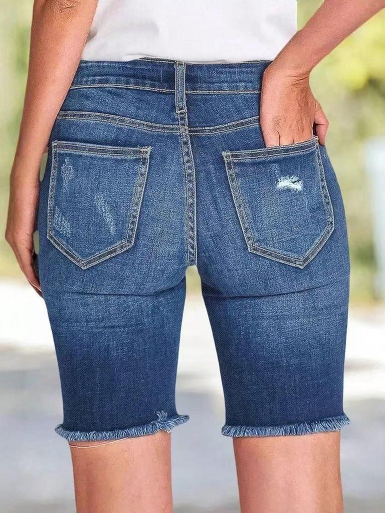 Dámské roztrhané skinny džínové šortky - Stylový praný denim, Perfektně padnoucí