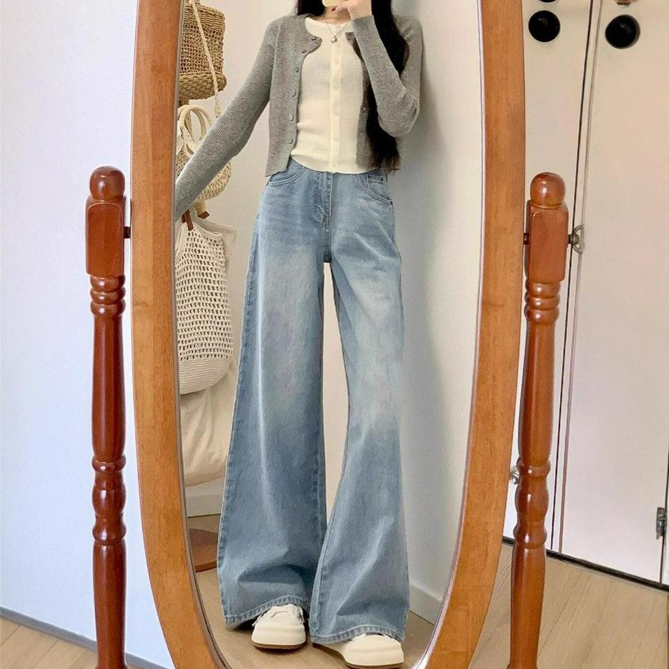 Light Blue Loose Straight Wide-leg Jeans Women Fall High Waist Thin Fashion Versatile Drape Drag Pants Retro Street Style Baggy Long Jeans for Ladies