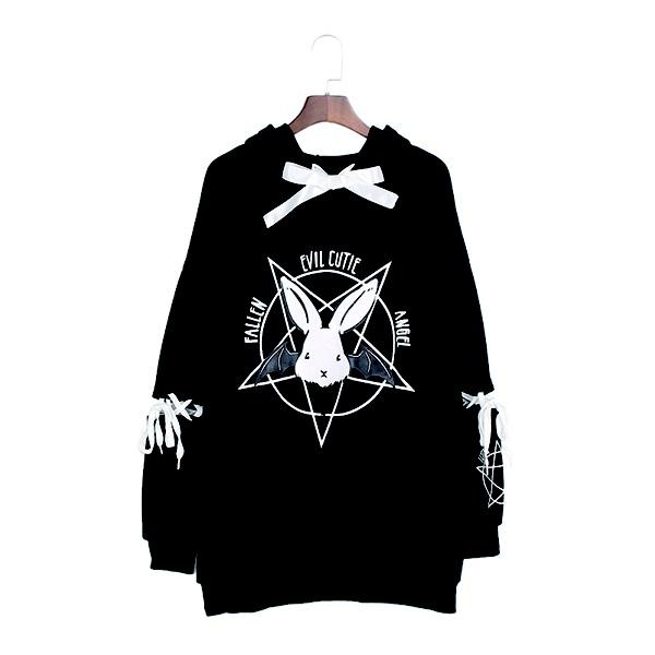 Harajuku Pentagram Lace Embossed Women's Polar Hoodies Punk Gothic Cute Bunny Oversize Hooded Velvet Sweatshirt Jersey Streetwear