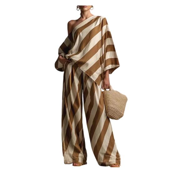 

Women s Striped 2 Piece Sets Casual One Shoulder Long Sleeve Top And Pants Matching Set Summer Casual Vacation Lounge Outfits L верблюд