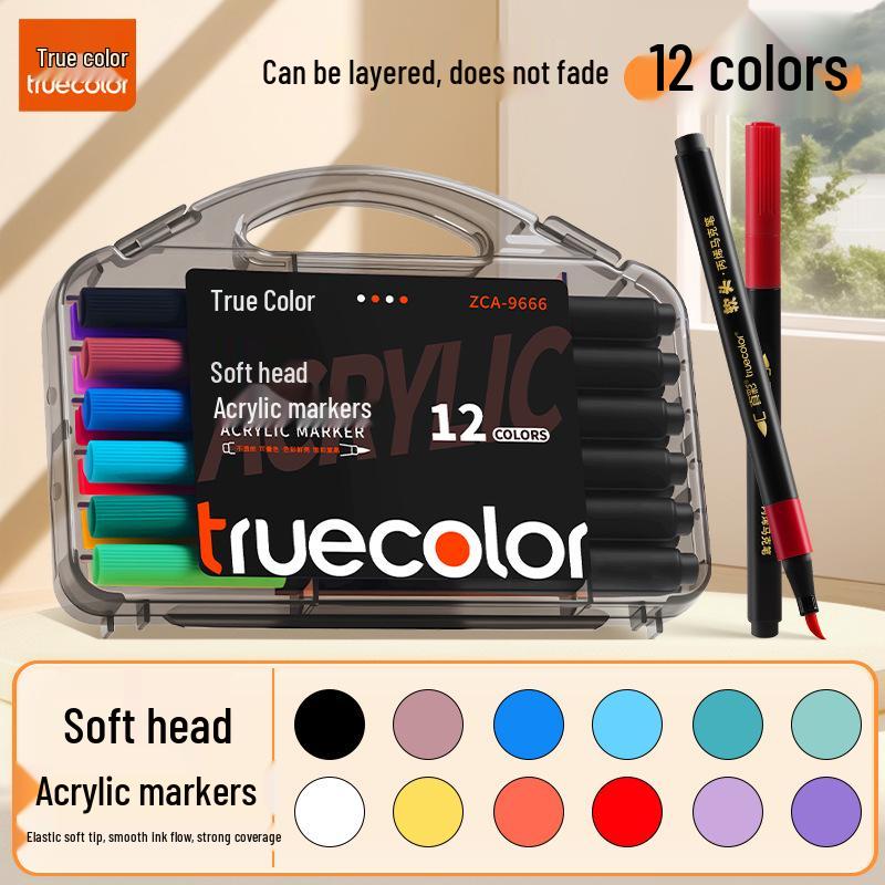 True Color Soft Tip Acrylic Markers & Drawing Brushes for Kids, Non-Bleeding, Stackable Colors, Black Box Colored Pencils