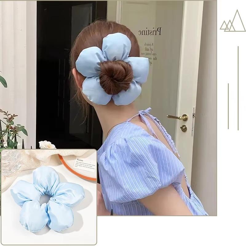 Soft Pillow Elastic Hair Band Scrunchie for Women Luxury Design Big Flower Filled Cotton Solid Satin Ponytail Ties Accessories
