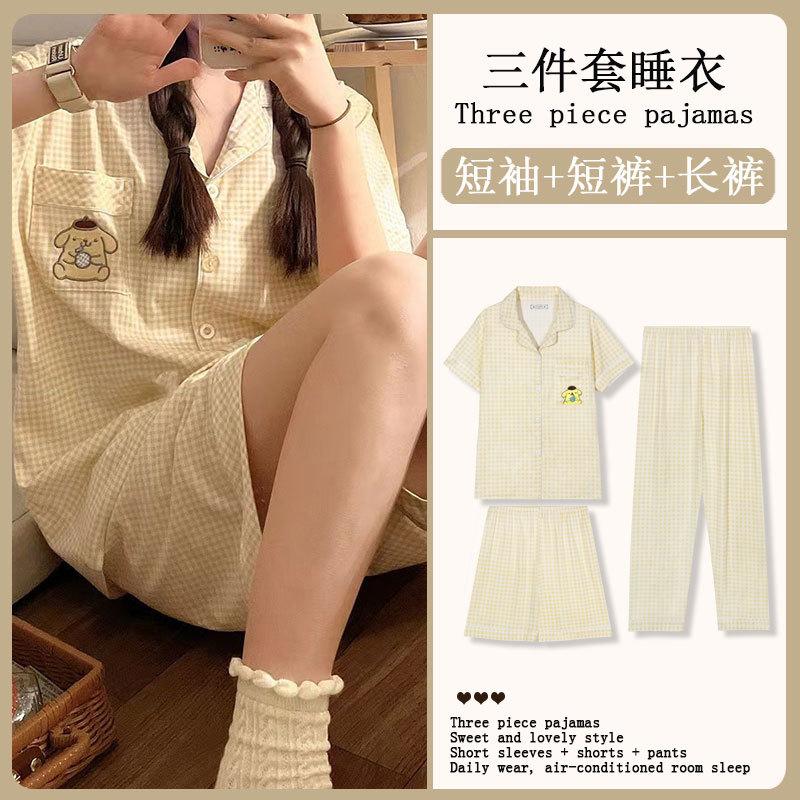 GMXIA Sommermode Pyjama Damen Kurzarm Dreiteiliges Set, Baumwollähnlich Cartoon Student Hauskleidung, Kann Draußen Getragen Werden