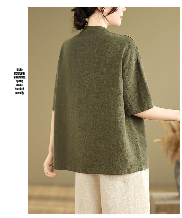 Plus Size Retro Linen Button Pocket T-shirt - Women's Slimming Fashion Short Sleeve Top for Summer 2025.