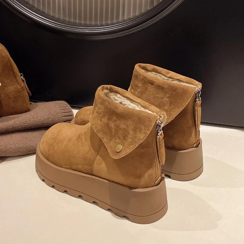 Fashion Winter New Thick Sole Cotton Boots Women's Fashion Round Head Suede Back Zipper Anti-slip Wear-resistant Short Boots