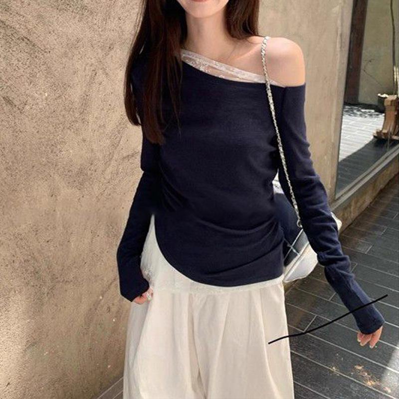 Elegant Lace Patchwork Off-Shoulder Slim-Fit Long-Sleeve Top for Women - Spring/Autumn Style