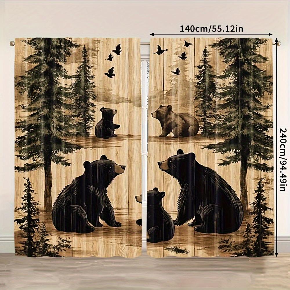 2pcs Vintage Bear Print Light Filtering Curtains - 100% Polyester Durable Machine Washable   Art Deco Forest Scene with Pine Tree