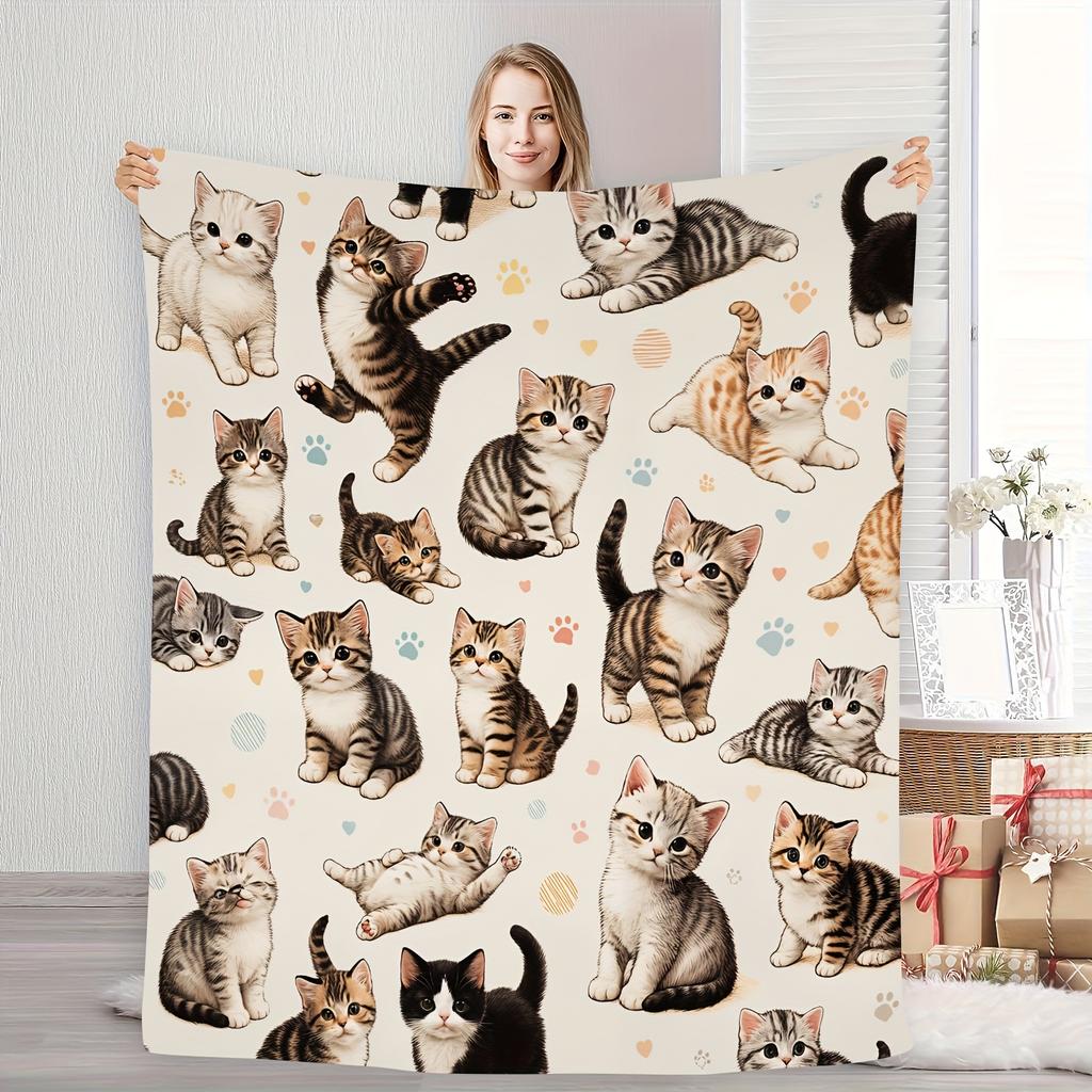 1pc of Comfortable Cartoon Cat Flannel Blanket, Soft and Casual Warm Blanket, Multi-functional Office Blanket, Outdoor Camping Travel Blanke