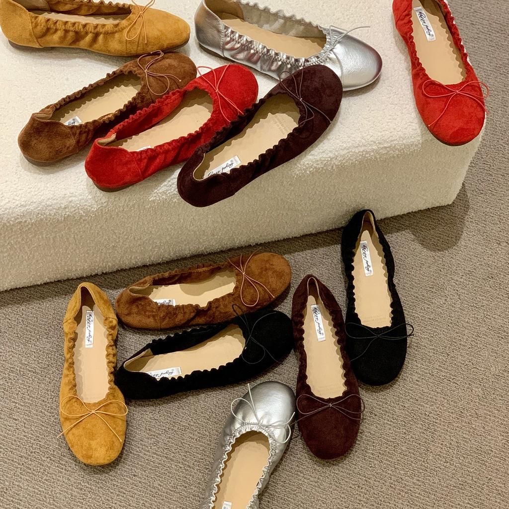 Flat-bottomed Small Silver Retro Light Mouth Gentle Single Shoes Women's Autumn New Bow Fairy Ballet Style Commuter Ladyshoes