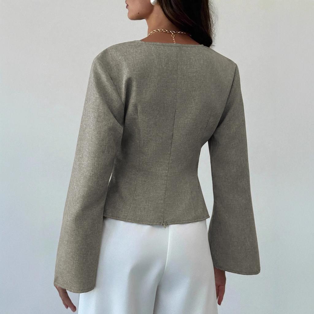 Women's V Neck Fashion Commuter Waist Pleated Asymmetric Hem Women's Shirt Long Bell Sleeve Tops for Women