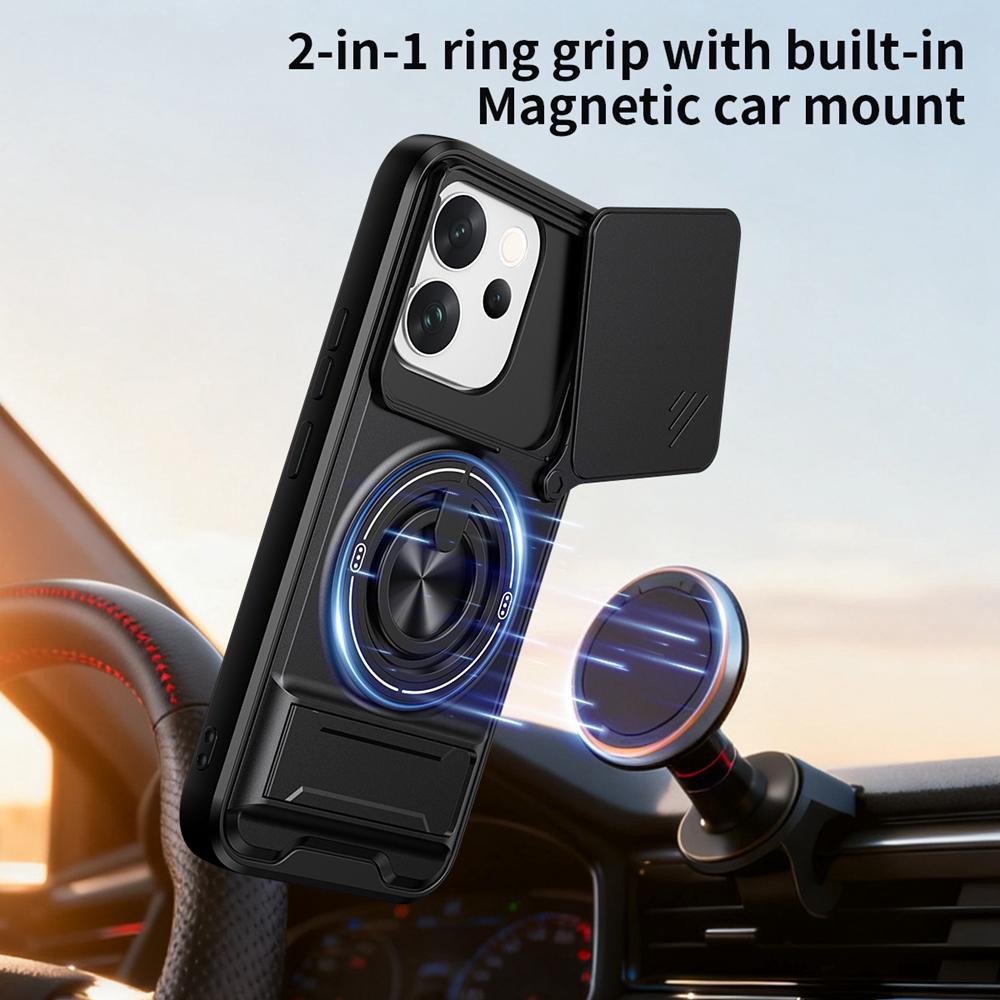 KEYSION Magnetic Phone Case for VIVO V70 5G Slide Camera Protection Upright Kickstand Ring Shockproof Back Cover for OPPO V70