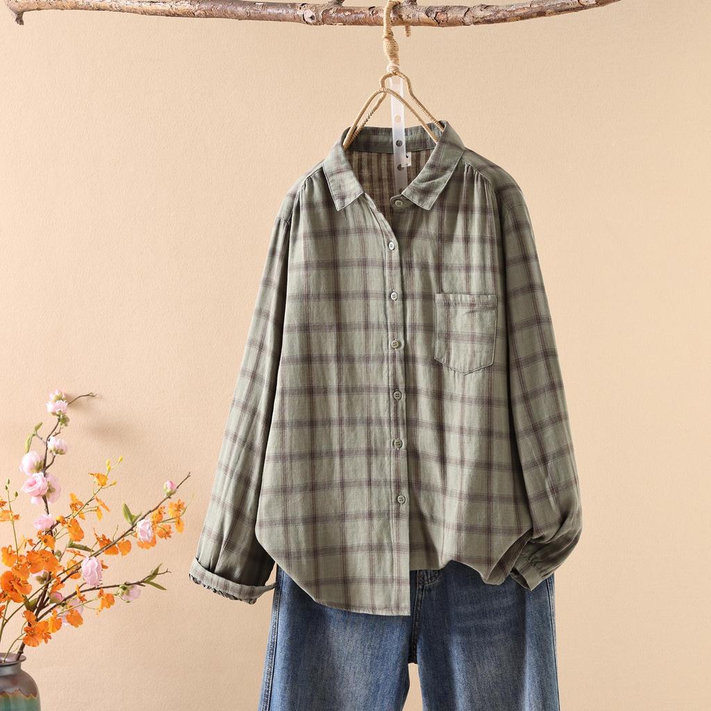 Women's Long Sleeve Japanese Style Plaid Shirt - Double-layer, Skin-friendly, Breathable Pure Cotton