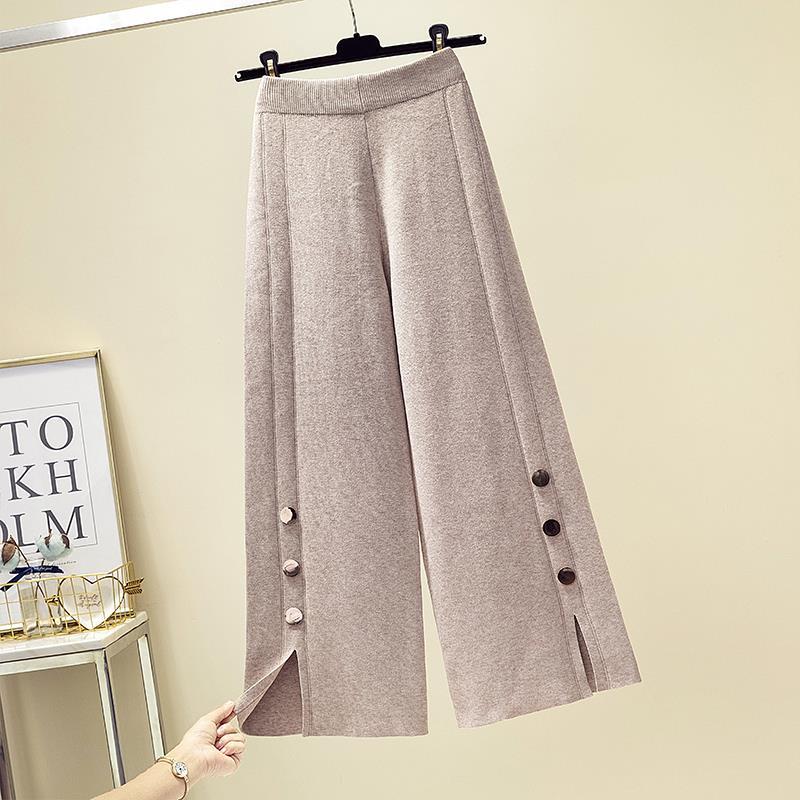 Design Sense Niche Early Autumn Pants Women Knitted Wide Leg Pants Solid Show Slimming and Cross Over Casual Pants Female Tops One Size