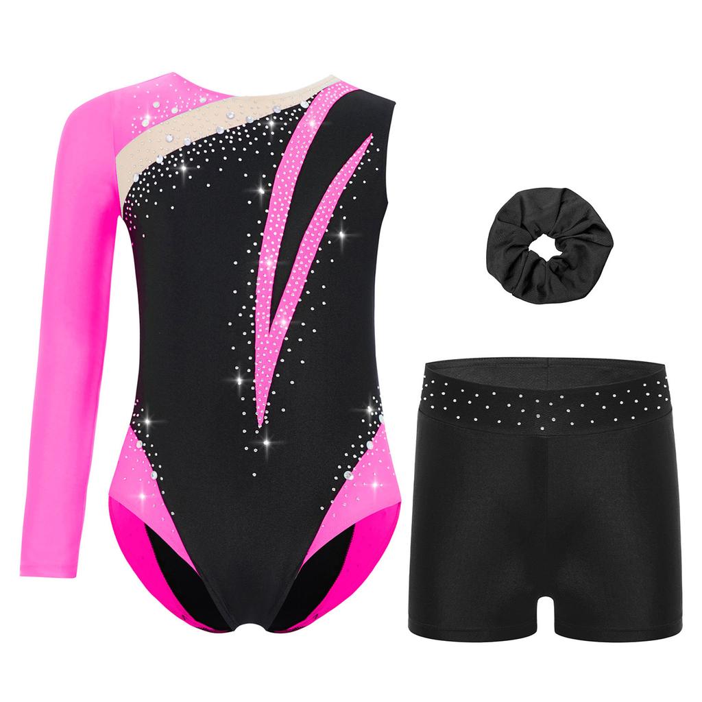 Girls Rhinestone Color Block Asymmetrical Leotard Round Neck Gymnastics Skating Outfit Set