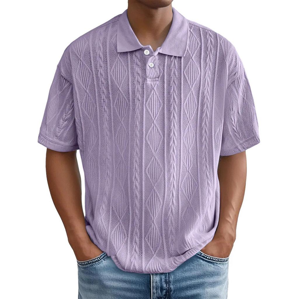 Casual  Shirts For Men Jacquared Texture Short Sleeve Tshirts Summer Loose Fit Breathable Outdoor Tops Plus Size