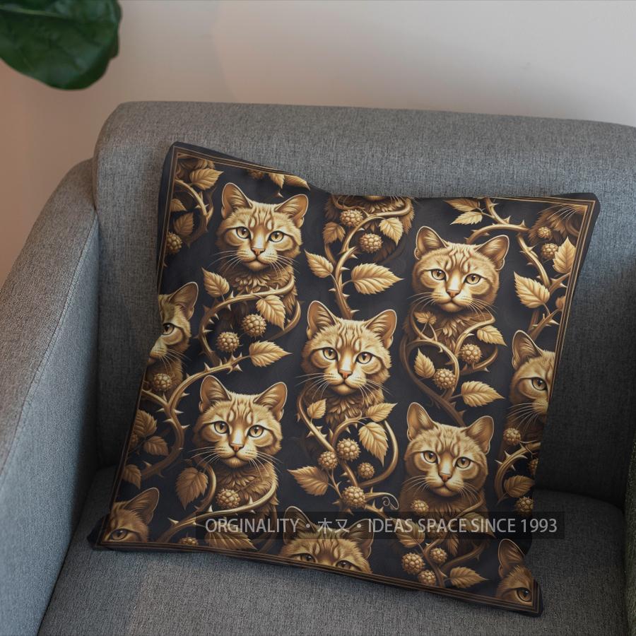 2D Golden Cats And Leaves Pattern Pillow Cover Pattern Cushion Cover Suitable For Sofa Bedroom Car Pillow Cover