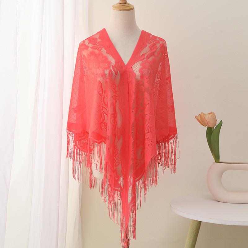 Summer Transparent Lace Flower Tassel Scarf Mesh Yarn Cheongsam Shawl Triangle Neck Scarves Neckerchief Head Scarf