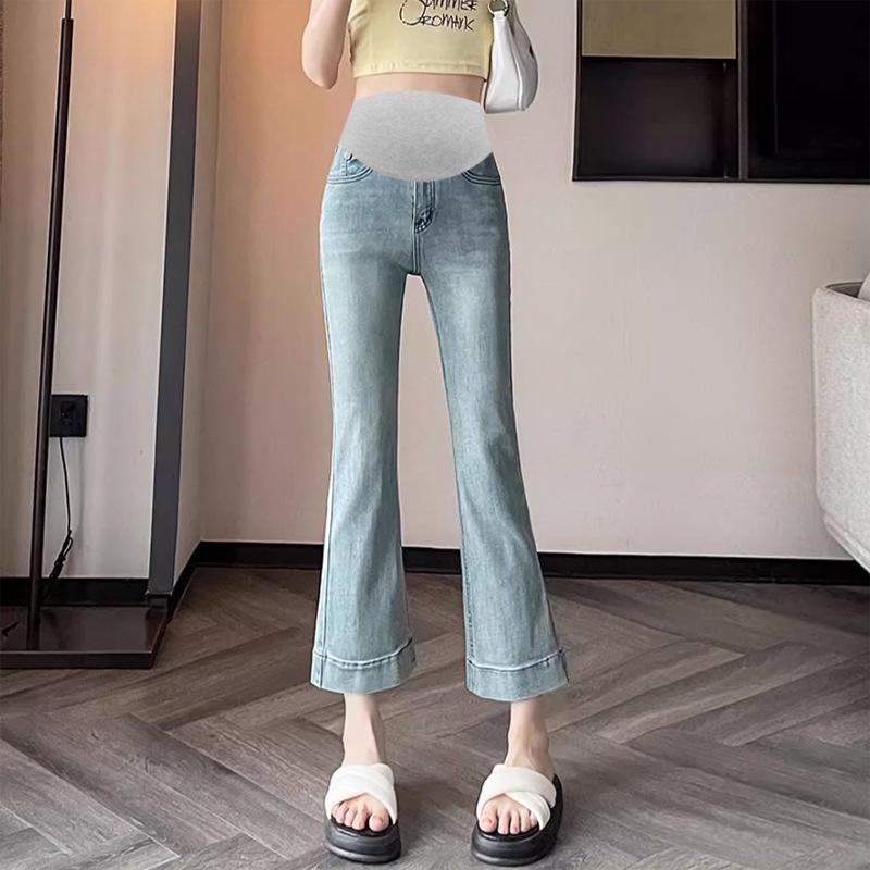 Maternity High-Stretch Flare Jeans: Belly Support, Korean Style, Summer Casual Cropped Pants Medium