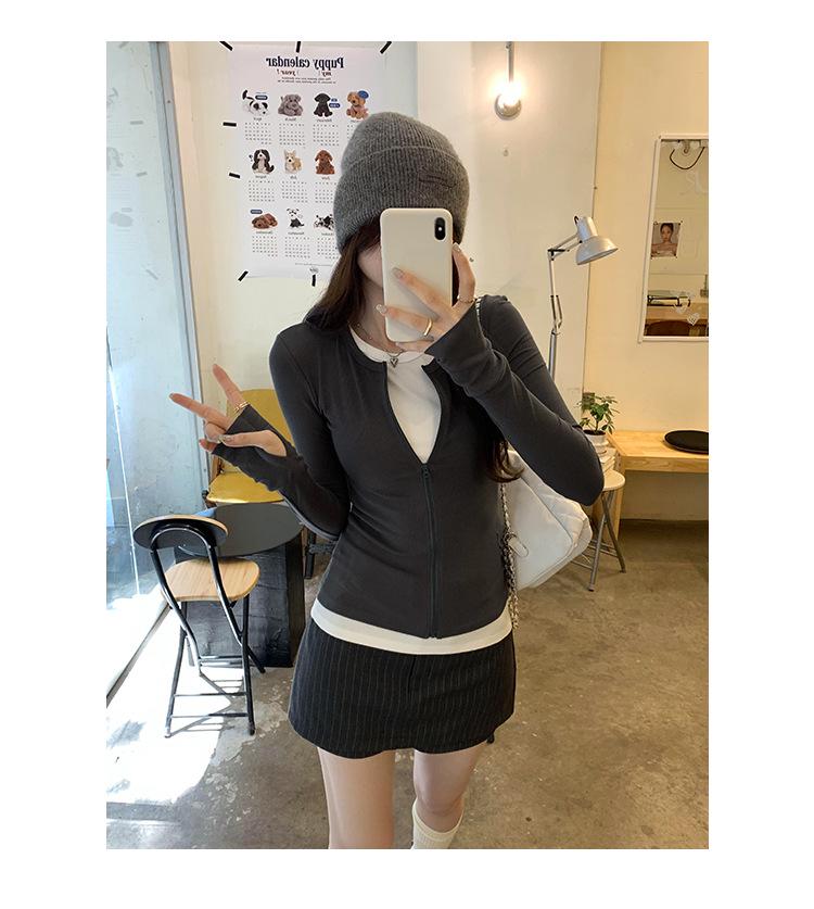 Women's Korean Style Colorblock Zip-Up Cardigan Long Sleeve T-Shirt - Autumn/Winter 2024 Slimming Top