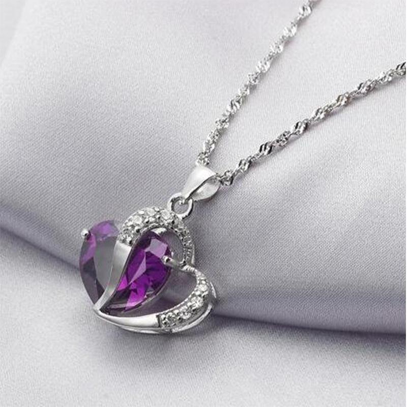 925 Sterling Silver Ornament Necklace Women's Amethyst Heart Pendant Love Jewelry