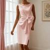 Women Sleeveless Bodycon Dress Ruched Bow Tie Side Slit Midi Dress Lady Formal Cocktail Party Work Dress