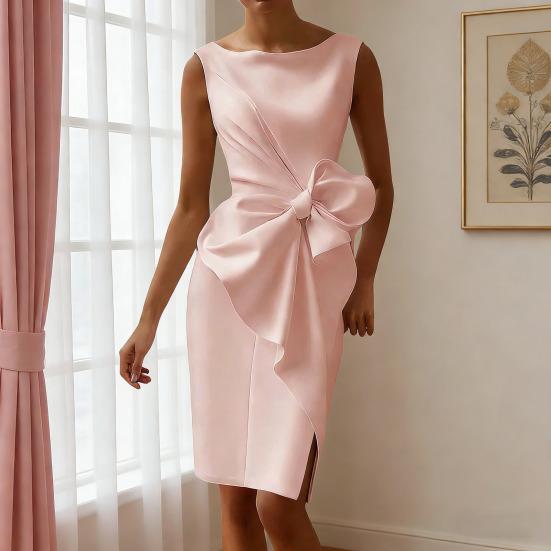 Women Sleeveless Bodycon Dress Ruched Bow Tie Side Slit Midi Dress Lady Formal Cocktail Party Work Dress